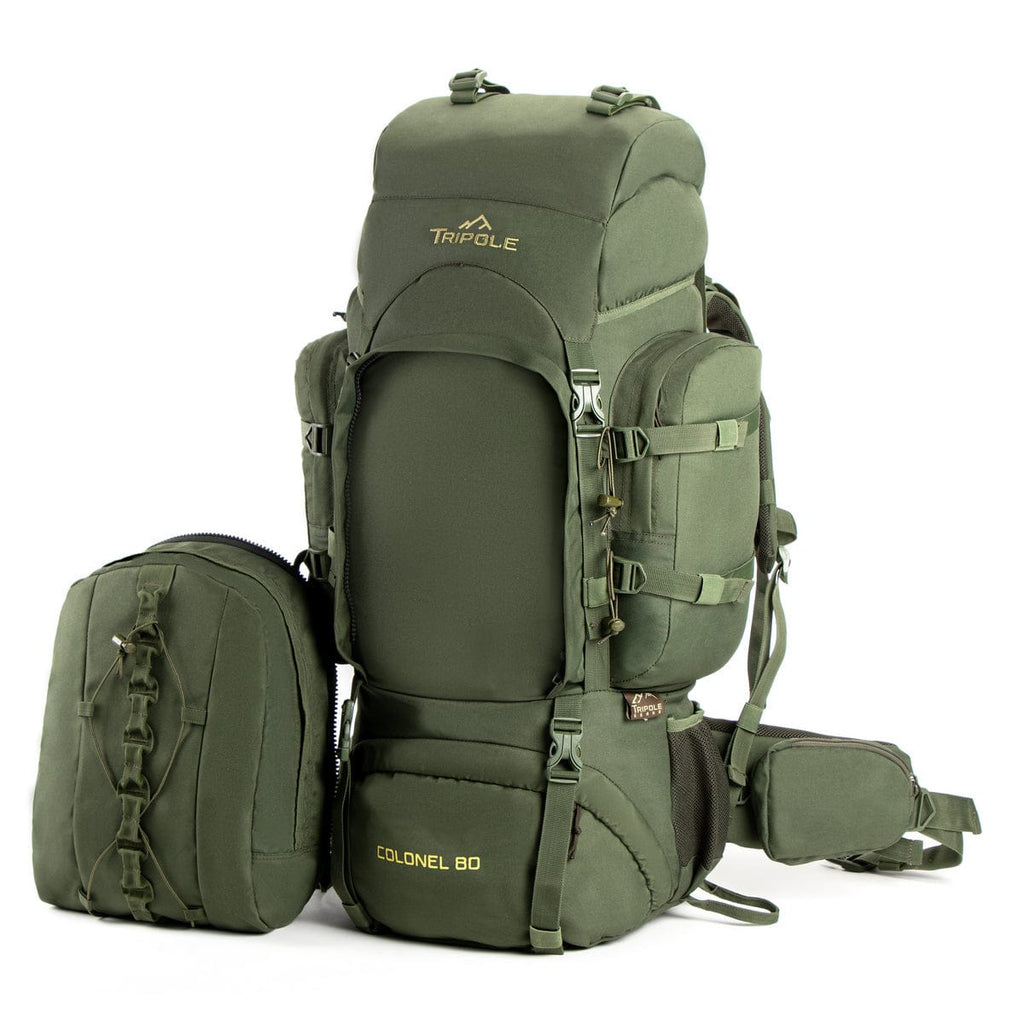 Tripole Colonel Metal Frame Rucksack with Detachable Bag & Rain Cover for Trekking & Travelling Unisex 3 Year Warranty Army Green and Black 80 Litre Back Pack