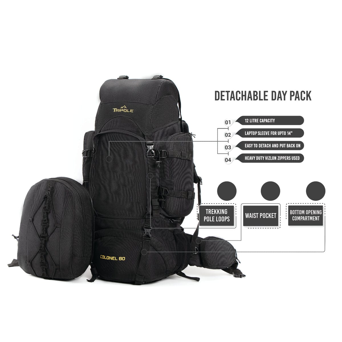Tripole Colonel Metal Frame Rucksack with Detachable Bag & Rain Cover for Trekking & Travelling Unisex 3 Year Warranty Army Green and Black 80 Litre Back Pack