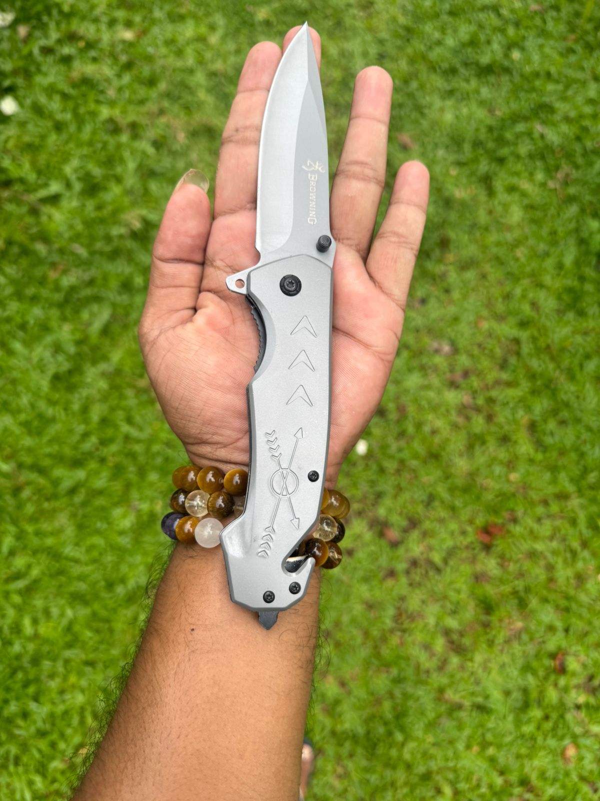 Browning Tactical Folding Knife – Full Silver color Sharp Stainless Steel Blade for Camping, Adventure & Outdoor EDC