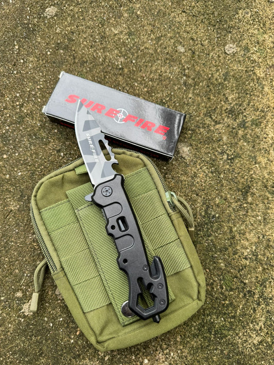 SURE FIRE Outdoor Folding Utility Tool – Black Color Stainless Steel Camping Gear for Adventure EDC