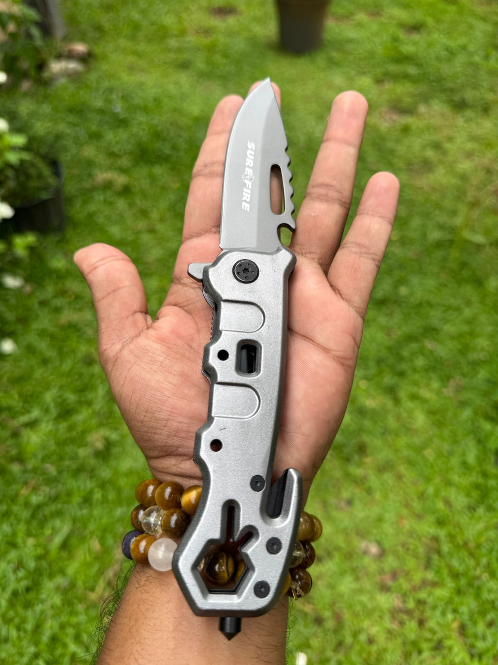 SURE FIRE Tactical Folding Knife – Silver Sharp Stainless Steel Blade for Camping, Adventure & Outdoor EDC